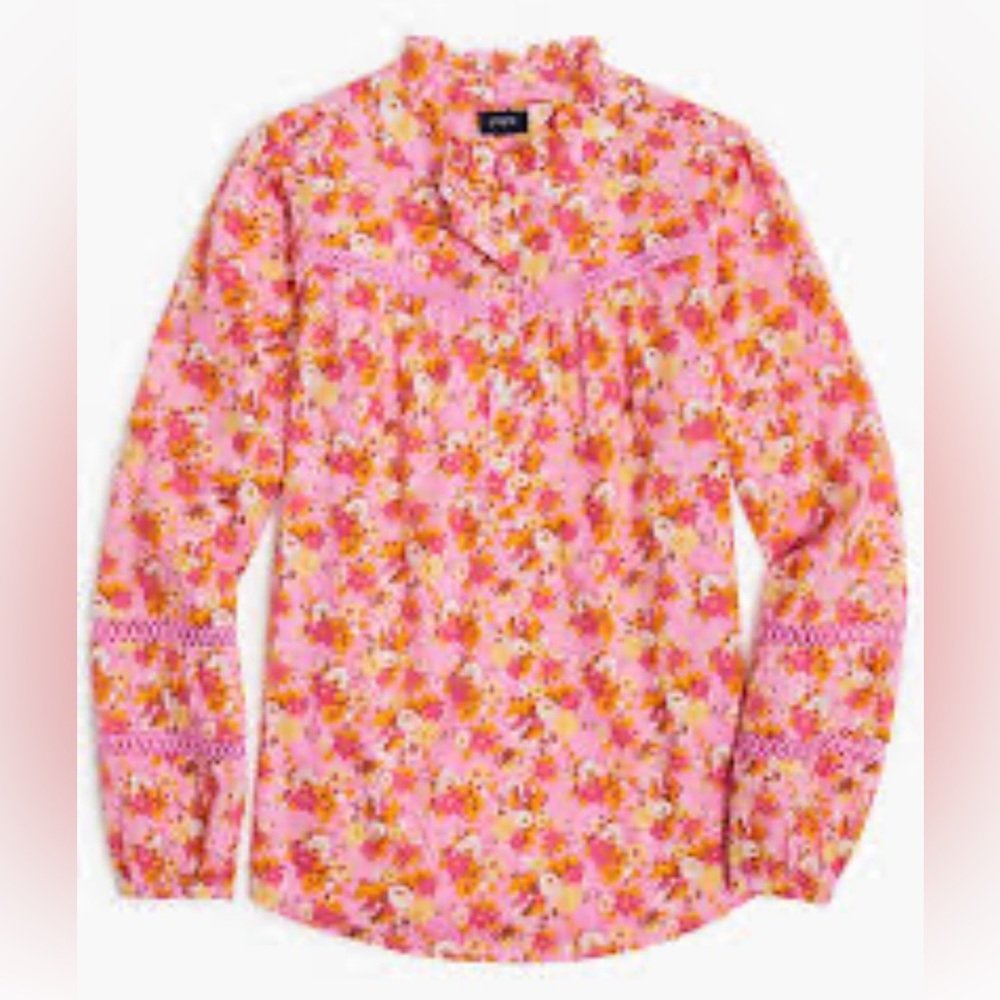 J. Crew Floral Ruffleneck Shirt Blouse Pink & Orange
